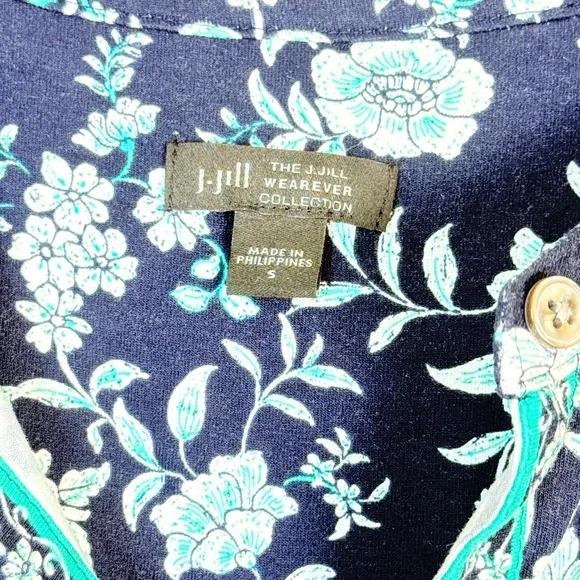 J. Jill Wearever Navy Teal Floral Viscose Stretch Tunic Top Womens Small - Picture 4 of 6